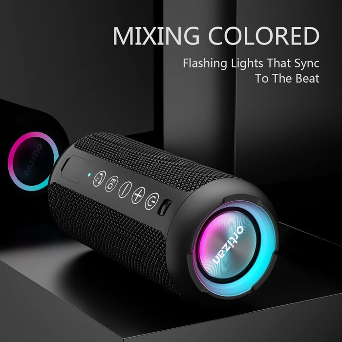 Портативна Bluetooth колонка Ortizan з RGB підсвічуванням, IPX7, 30 годин роботи, Bass Boost, TWS, AUX, TF картка, мікрофон (чорний)