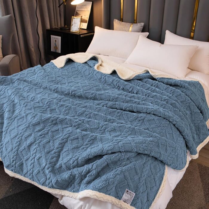 Плед Sherpa-Fleece з начосом, двосторонній, м'який, в'язаний фланелевий плед для дивану, ліжка, 150 x 200 см, сіро-блакитний