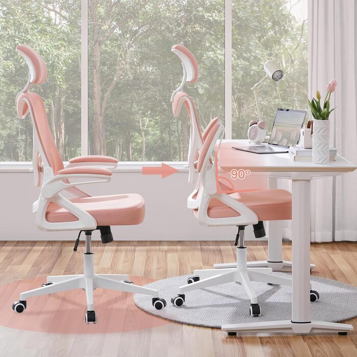 Крісло офісне Yaheetech ергономічне, з підйомними підлокітниками, регульованою підголівником, функцією гойдання, до 136 кг, білий/рожевий