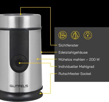 Електрична кавомолка GUTFELS COFFEE 5010, 50 г, нержавіюча сталь, з віконцем, SAFE-CLOSE