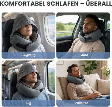 Подушка для подорожей з капюшоном, Memory Foam, темно-сіра. Підтримка шиї для літака, авто та дому