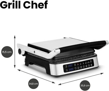 Grill Chef Electric Contact Grill and Sandwich Toaster 2100W, Removable Heating Plates, 2in1, 180° Foldable, Non-Stick Coating, Drip Tray, Acoustic Notifications (SILVER)