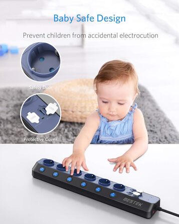 BESTEK Розподільник розеток 6-фазний з USB, захист від перенапруги 900 Дж, настінний, з вимикачем, синьо-білий, кабель 3 м