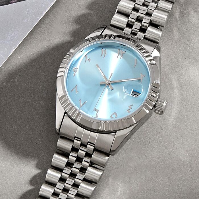Елегантний механічний годинник з нержавіючої сталі з арабськими цифрами, автоматичним механізмом, 38 мм, чоловічий, з датою, водостійкий (світло-блакитний)