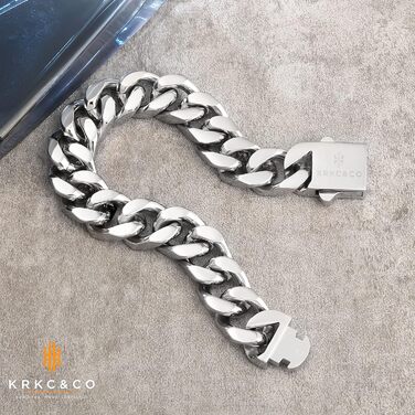 Чоловічий браслет KRKC&CO, кубинський ланцюг, 18 мм, Miami Iced Out, кубинське панцерне з'єднання, 18-каратне золото, міцний, Urban Streetwear, браслет у стилі хіп-хоп для чоловіків (срібний, 14 мм, 22.9 см)