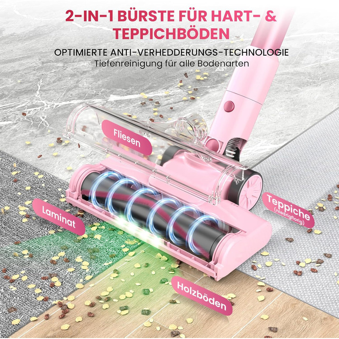 Бездротовий пилосос Dzaki 50000Pa з акумулятором, дисплеєм, функцією паркування та насадкою Anti-Tangle для килимів, твердих поверхонь, шерсті тварин та авто (помаранчево-рожевий)