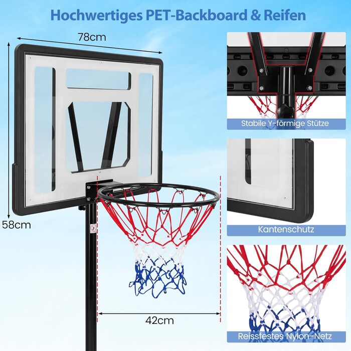 COSTWAY Adjustable Height Basketball Stand - Outdoor Basketball Hoop with Stand & Wheels - Mobile Basketball System with Ball Storage - for Kids & Adults (172-305cm)