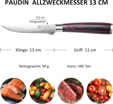 Набір кухонних ножів Paudin 7 предметів з дерев'яним блоком, з високоякісної нержавіючої сталі, 5 професійних ножів, червоні ножиці, ергономічна ручка