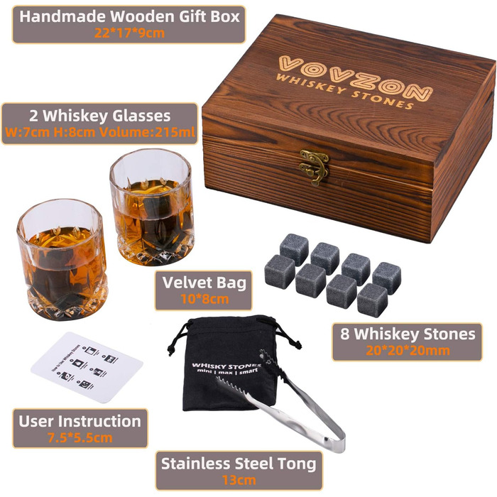 Whiskey Stones Gift Set for Men - 8 Whiskey Scotch Bourbon Chilling Stones, 2 Whiskey Glasses in Wooden Box - Christmas/Father's Day/Birthday/Gift for Dad Papa Friend