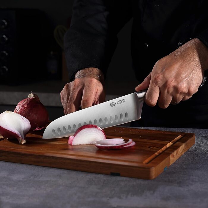 Кухонний ніж Santoku PAUDIN 17 см, професійний, японський стиль, з німецької високовуглецевої сталі, надгострий, довговічний, ергономічна ручка