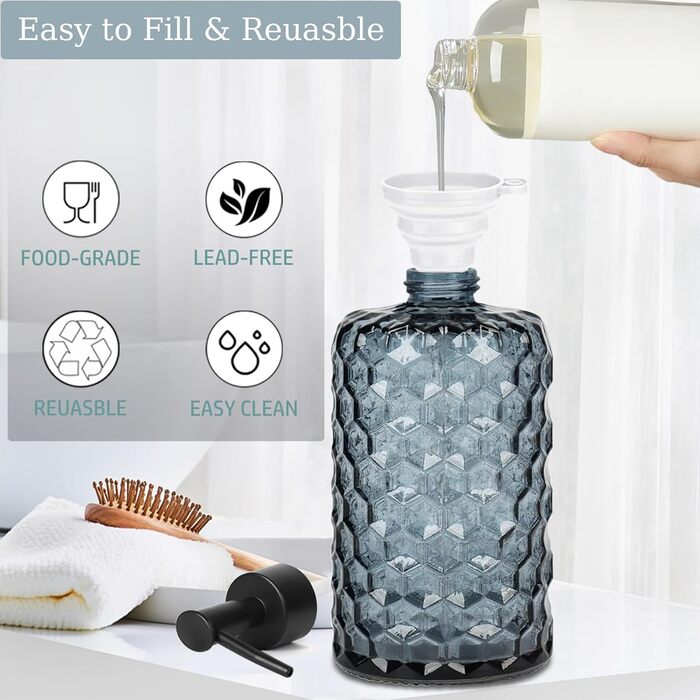 Скляний дозатор для мила 500 мл з хвильовим дизайном для ванної кімнати та кухні, з чорною пластиковою помпою, дерев'яними етикетками та воронкою (вугільно-блакитний)