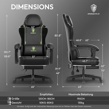 Ігровий крісло Dowinx з PU-шкіри, ергономічний, з підтримкою попереку, для ПК, 150 кг, зелений