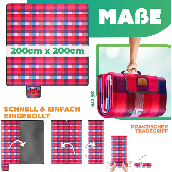 Плед для пікніка KESSER XXL 200x200 см, водонепроникний, з ручкою, червоно-бірюзовий. Плед для кемпінгу, пляжу на 4-6 осіб