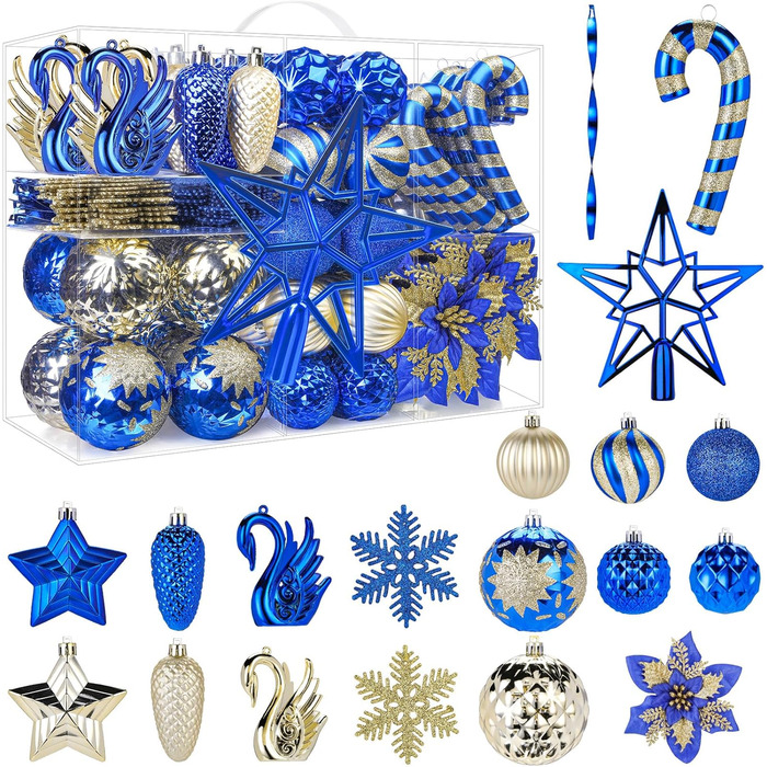 Набір прикрас на ялинку Alupssuc 128 шт: ялинкові кулі, квіти, стрічки, верхівка, гачки (чорний & золото, синій & золото)