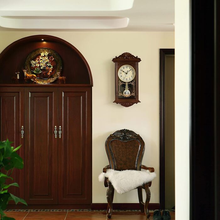 Clockwise Vintage Grandfather Wood-Look Plastic Pendulum Decorative Battery-Operated Wall Clock Brown for Office, Home Decor, Living Room, Kitchen or Dining Room, Brown
