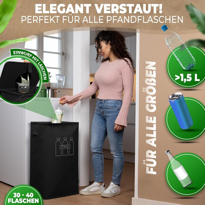 Deposit bottle collection container with lid and carrying bag | Deposit container with drop-in opening | Ideal bottle organizer for collecting deposits, bottle collector, empty container for kitchen black (Black)