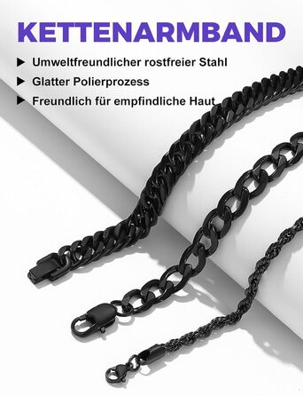 Набір чоловічих браслетів Richsteel з нержавіючої сталі (3 шт.), чорний/сталь/золото, 9/8/4 мм, довжина 19/21/23 см, для подарунка