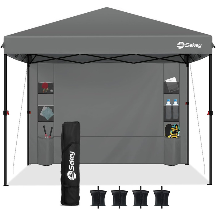Sekey One-Touch Pop-Up Pavilion 3x3 Waterproof, Winter-Proof, Foldable 3x3m Pavilion with Thickened Tubes, Party Tent Pavilion for Camping, Festival, Party (Gray, with Back Wall)