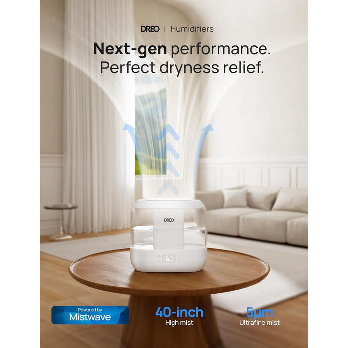 DREO Умний зволожувач повітря для спальні, верхнього заповнення, 4L великий охолоджувач туману, зволожувач з дифузором для ефірних олій та нічним світлом, 36 годин роботи, тихий ультразвуковий зволожувач для дому, білий