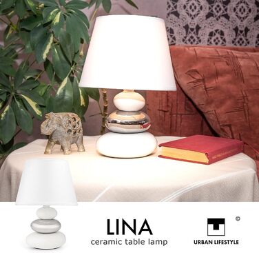Нічна лампа 'Ліна' - керамічна настільна лампа з абажуром з тканини, сумісна з LED, цоколь E14, 230V, для вікна, дивана, підвіконня (білий/сріблястий)
