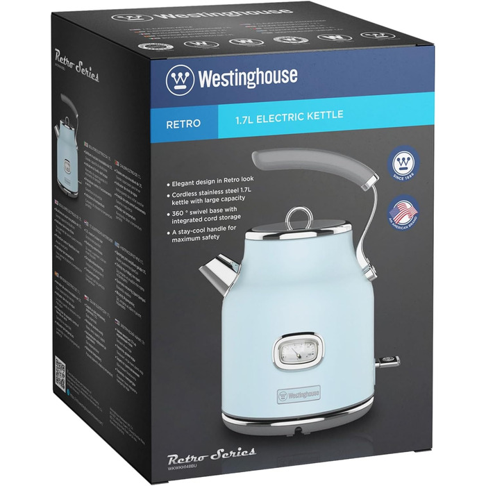 Електричний чайник Westinghouse Retro з регулюванням температури, індикатором рівня води, фільтром від накипу та захистом від перегріву, 1.7 л, блакитний