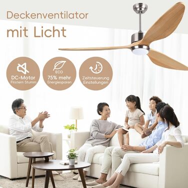 Стеляний вентилятор Ovlaim з освітленням та пультом керування, тихий DC мотор, 3 лопаті, Smart, для вітальні/спальні, натуральний & сріблястий (Burlywood/Silver, 165 см)