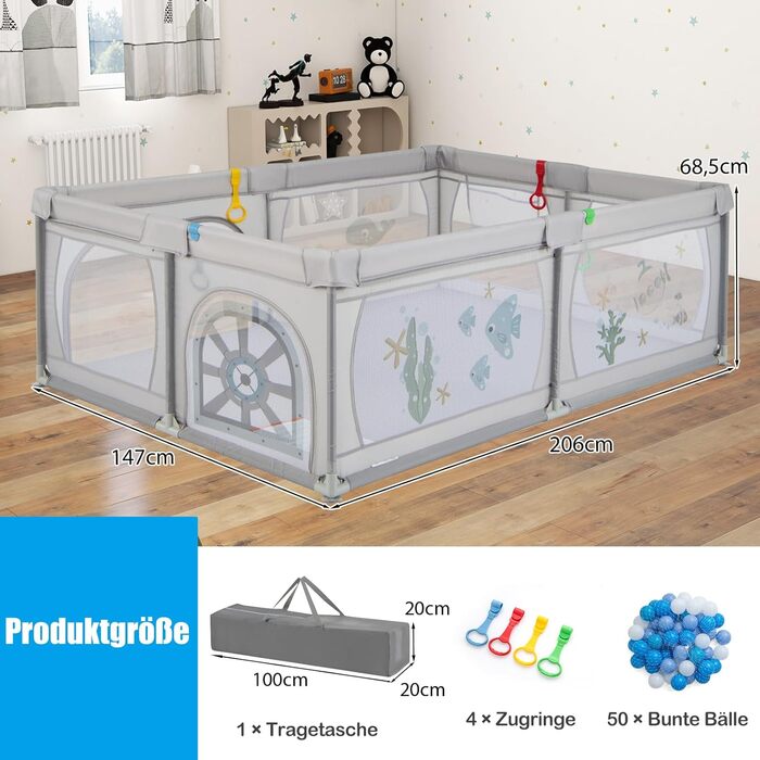 COSTWAY 205 x 147cm Playpen Baby foldable, Play Yard with 50 Balls, 2 Doors, Side Pocket, Breathable Mesh & Zipper, Playpen Tent for Infants & Toddlers (Gray-Fish) Gray-Fish Without Mattress