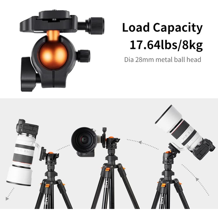 Подорожній штатив для камери K&F Concept 160 см, алюмінієвий трипод для DSLR з панорамною кулею 360° та швидким затискачем
