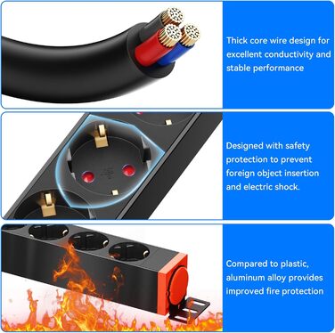 Мережевий фільтр 10 розеток з захистом від перенапруги, поворотний на 360°, для кріплення на стіну, кабель 1,8м, 16A/4000W, для офісу та дому, чорний