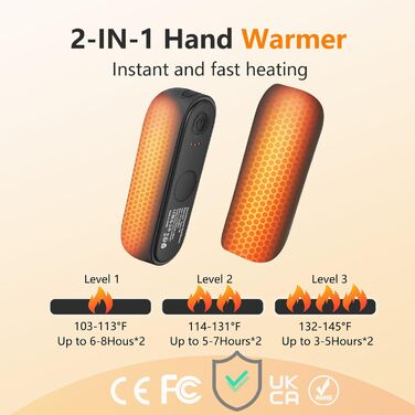 Електричний грілка для рук та кишень, 10000mAh, 2-в-1, портативний, магнітний, 3 режими нагріву, багаторазовий, для активного відпочинку, кемпінгу, подарунок для жінок та чоловіків, чорний