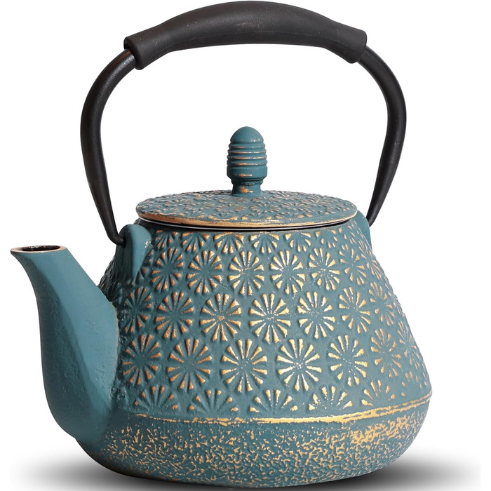 Cast Iron Teapot, 950ml Japanese Cherry Blossom Pattern Teakettle, Stovetop Safe, Infuser for Loose Tea & Coffee, Silicone Handle, Enamelled Interior, 32oz Blue