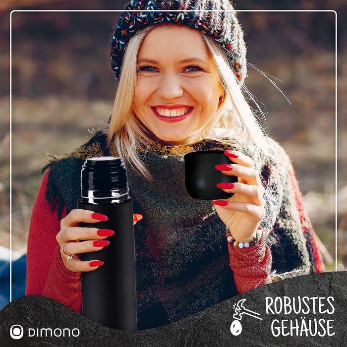 Термос з нержавіючої сталі з чашкою та щіткою; термос-каструля з подвійними стінками; не протікає, придатний для миття в посудомийній машині & BPA-free + щітка для чищення; зберігає напої гарячими та холодними (Чорний - 1000 мл)