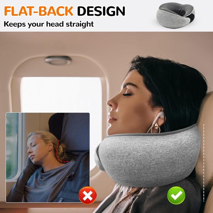 Подушка для шиї у літак, подушка для подорожей Memory Foam 360° підтримка, подушка-вичку для дорослих з берушами, маскою для очей та сумкою. Регульована компактна подушка для подорожей літаком, автомобілем, поїздом