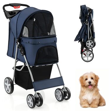 Візок для собак SOARS, до 15 кг, складний, з сітковими віконцями, тримачем для напоїв та кошиком для зберігання, візок для домашніх тварин для маленьких тварин (Темно-синій)