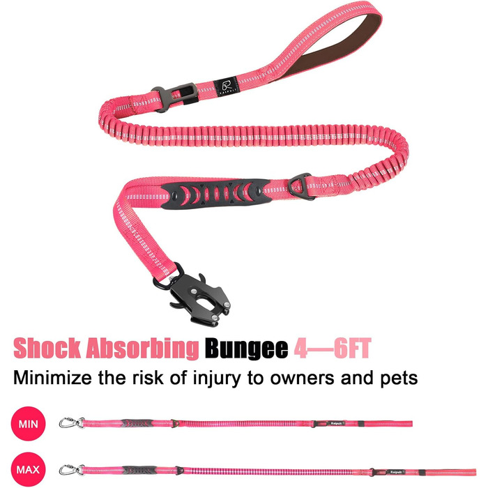 Міцна тактична повідка для собак Raiput Bungee з алюмінієвим карабіном, 1.2-1.8 м, для середніх собак, з функцією запобігання потягуванню, світловідбиваюча, амортизуюча, з кріпленням для автомобільного ременя безпеки