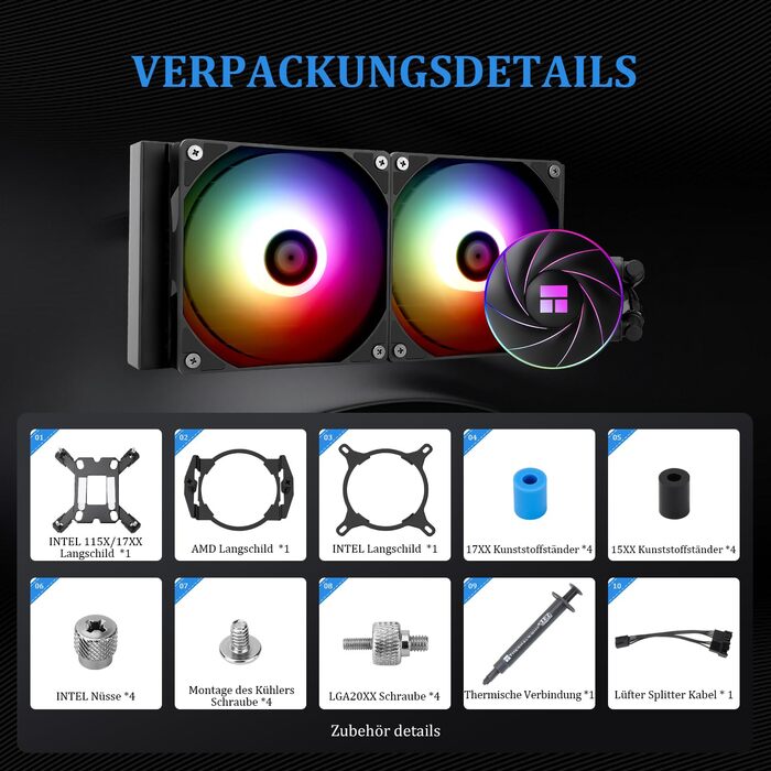 Водяне охолодження CPU Thermalright Aqua Elite 240 ARGB - 240 мм, 2 x 120 мм вентилятори, S-FDB, для AMD/Intel