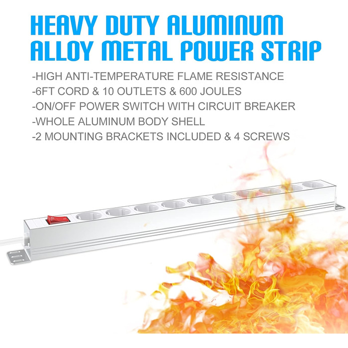 Мережевий фільтр 10 розеток з захистом від перенапруги, з вимикачем та поворотними кріпленнями, металевий корпус (білий)