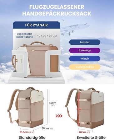 LOVEVOOK Рюкзак ручної поклажі 40L, 17.3 дюйми, великий, для жінок та чоловіків, розширюваний, рюкзак для подорожей та бізнесу, (40x30x20см-24L, кремовий + сірий + чорний)