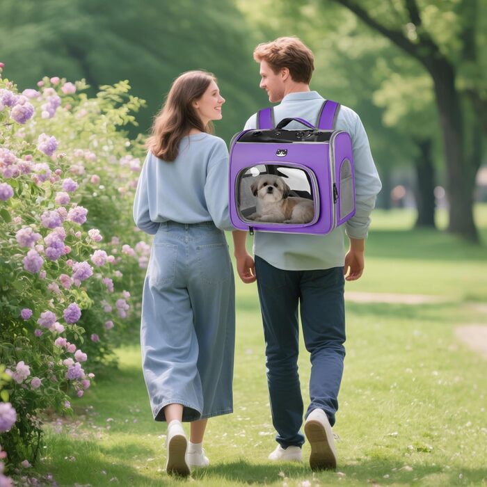 Рюкзак для котів та собак великих порід від ALLSOPETS, дихаючий, з фронтальною відкриваемою конструкцією та страхувальним ремінцем, ідеальний для подорожей, прогулянок та хайкінгу (Квітково-рожевий, Лавандовий)