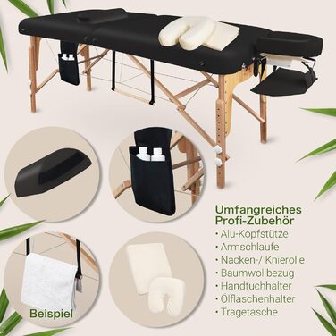 Масажне ліжко MASSUNDA Mobile Comfort Deluxe – розкладне, регульоване по висоті, широке, з дерев'яним каркасом, ергономічною підголівником, покриттям, підлокітниками та подушкою (Чорний)