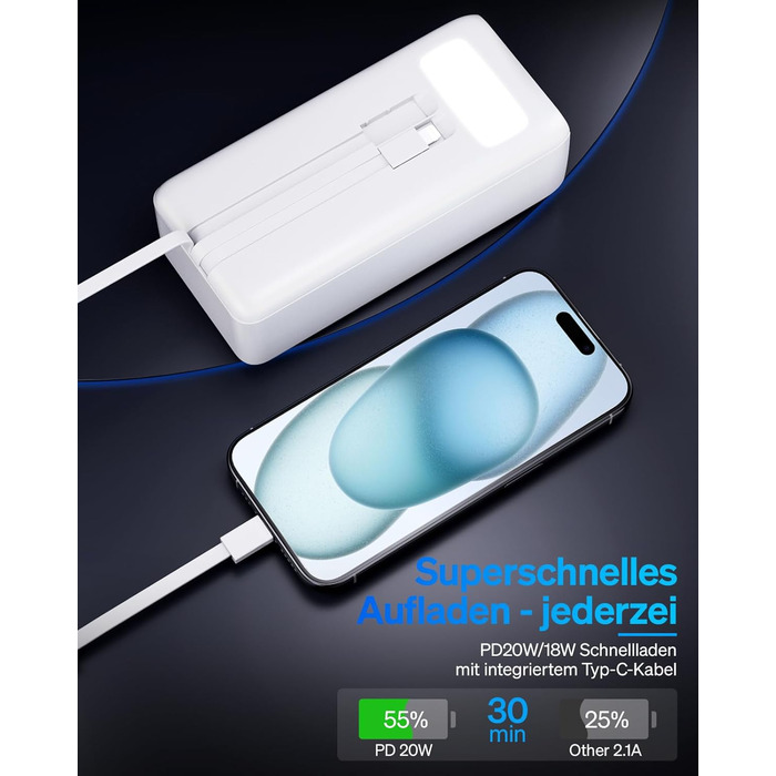 Портативний зарядний пристрій Power Bank 50000mAh з інтегрованим кабелем: швидка зарядка 22,5W, велика ємність, LED-ліхтарик, 7 виходів & 3 входи, 2x25000mAh, білий