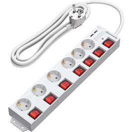 Многофункціональна мережева розетка DEWENWILS з USB, 6 розеток, індивідуальний вимикач, захист від перевантаження, дитячий замок, поворот на 90°, білий (3M)