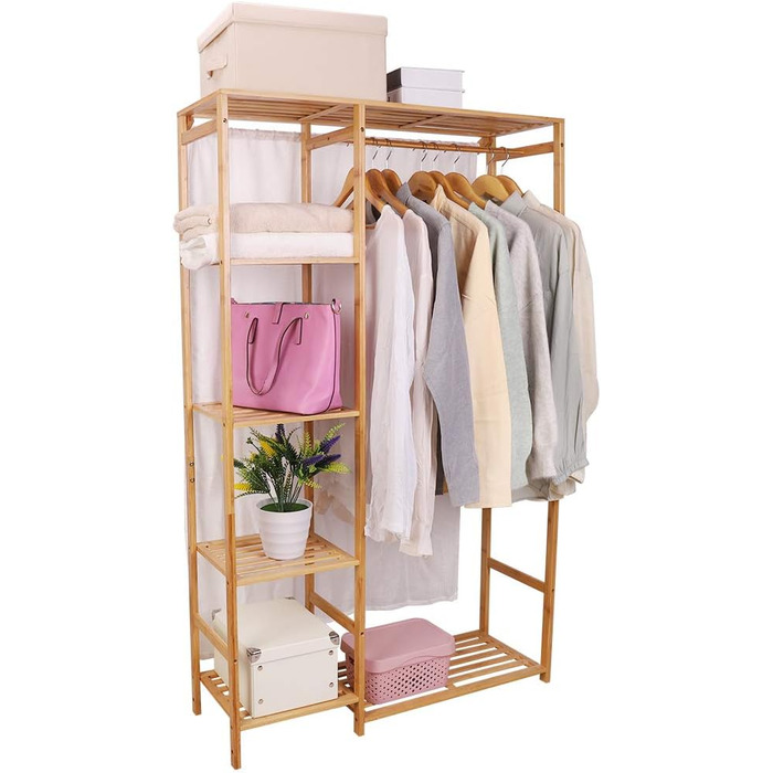 Bamboo Clothes Rack, Coat Stand with Shelves, Laundry Rack with Curtain and Clothes Rail, 90x30x146.6cm