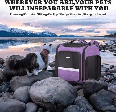 Рюкзак-переноска для котів Pawtners з розширеним тунелем для ігор, дозволений авіакомпаніями, для маленьких собак та великих котів до 11,3 кг, складаний рюкзак для подорожей з котами (Ліловий, 15.7'L x 12.6'W x 15.0'H)