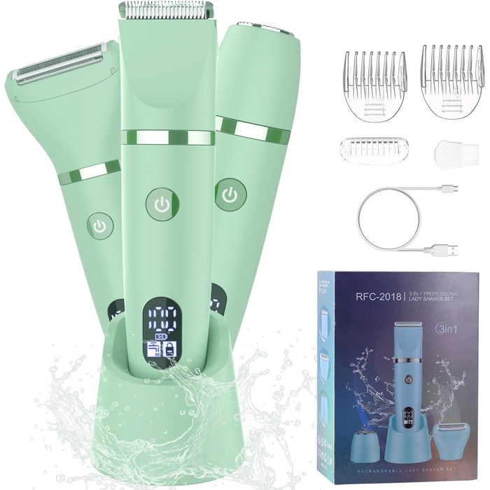 Електричний жіночий триммер для тіла 3-в-1: обличчя, ноги, зона бікіні. Вологостійкий, з LCD-дисплеєм (зелений)