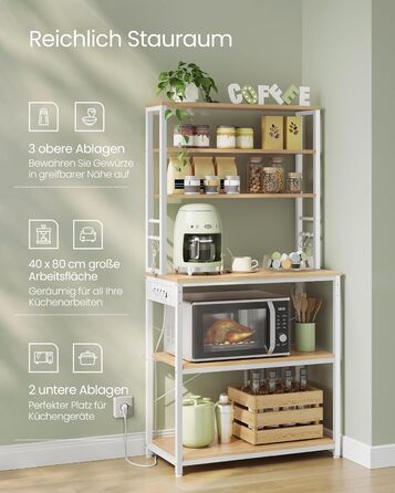 Стелаж кухонний VASAGLE з розетками, 6 полиць, гачки, сталевий каркас, 40x60x167 см, колір горіх + білий