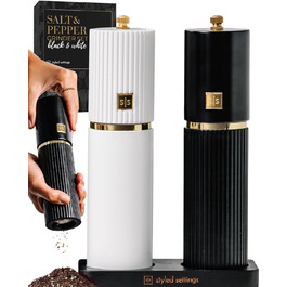 Набір для солі та перцю Styled Settings – біло-чорний з золотом, ручний, 2 шт., з регульованим керамічним жорном та дерев'яною підставкою