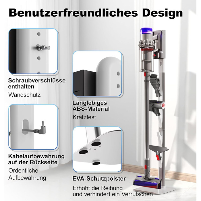 Підставка для пилососів Dyson V7, V8, V10, V11, V15, G5, V12slim, CISSIYOG, з 4 гачками, без свердління, для зберігання пилососа та аксесуарів, приховане кабельне рішення
