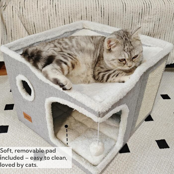 Spindro Cat Cave Cat Bed Large, Cat House Indoor Cat Sleeping Place with Removable Sherpa Cat Cushion and Hanging Toy, Cat Bed, Light Grey 42x42x33cm