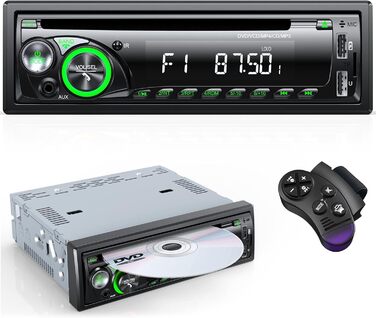 1DIN автомобільна магнітола 9-24V з CD/DVD, Bluetooth, RDS, FM/AM, MP3, 2 USB, SD, AUX, керування з керма, 7 кольорів, зелена